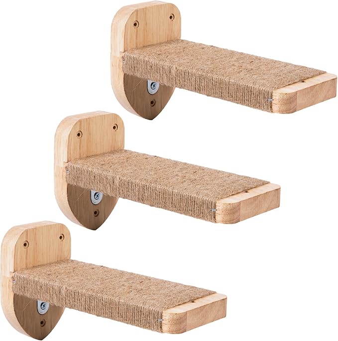 3pcs Cat Wall Steps, Climbing Mounted Furniture, Shelves With Hemp Rope Covered, Solid Wood Ladder for Playing and Climbing (Large-Wood)-PawvioPets