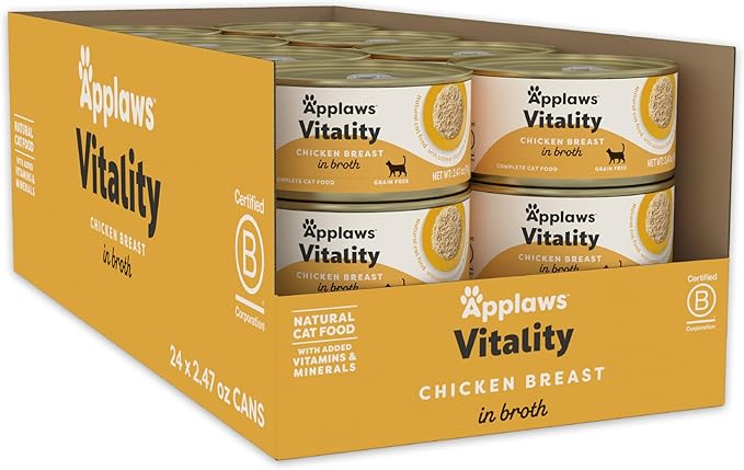 Applaws Vitality Wet Cat Food in Broth, Natural Canned Cat Food, Wet Food for Cats with Added Vitamins and Minerals, Grain Free, Carrageenan Free, Chicken Breast in Broth (24 Count, 2.47 oz Cans)-PawvioPets