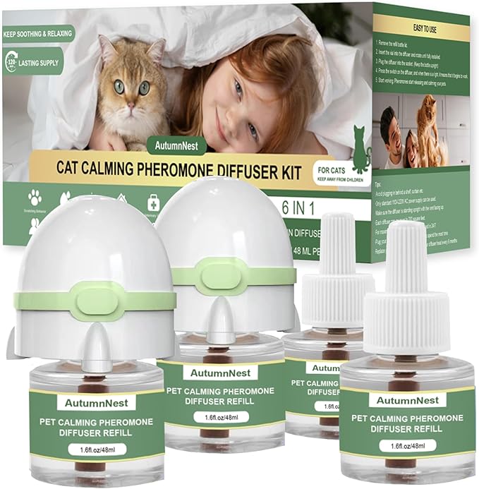 6-in-1 Cat Calming Pheromone Diffuser Kit, Cat Calming Diffuser for Anxiety Relief, Aggression, Scratching, Urine Marking, Fighting, Meowing, Hiding, Safe for All Cats, 120 Days Support-PawvioPets