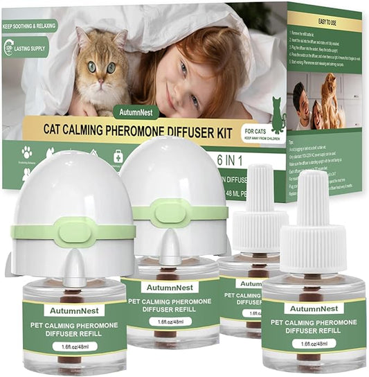 6-in-1 Cat Calming Pheromone Diffuser Kit, Cat Calming Diffuser for Anxiety Relief, Aggression, Scratching, Urine Marking, Fighting, Meowing, Hiding, Safe for All Cats, 120 Days Support-PawvioPets