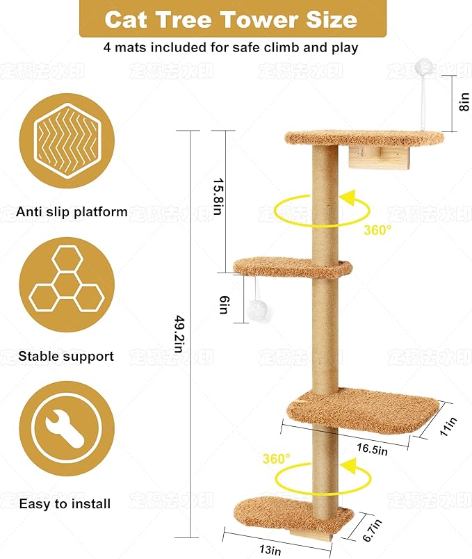 Brown Wall Mounted Cat Wall Climber & Tree for Kittens, 4 Platform Cat Shelves with Brown Plush Cushions, Floating Furniture for Climbing, Lounging, Scratching – 49” Tall-PawvioPets