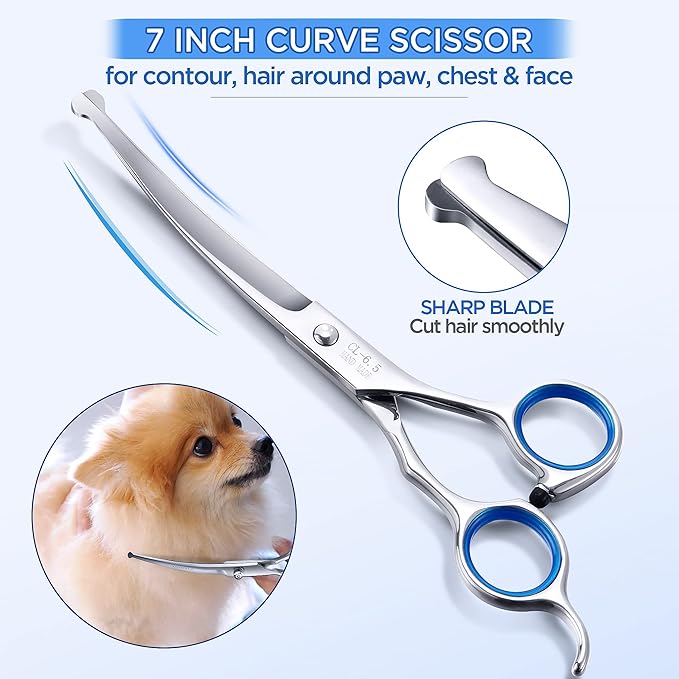 Gimars 7.0in Professional 4CR Stainless Steel Safety Round Tip 6 in 1 Dog Grooming Scissors Heavy Duty Titanium Coated Pet Grooming Scissor for Dogs, Cats and Other Animals-PawvioPets