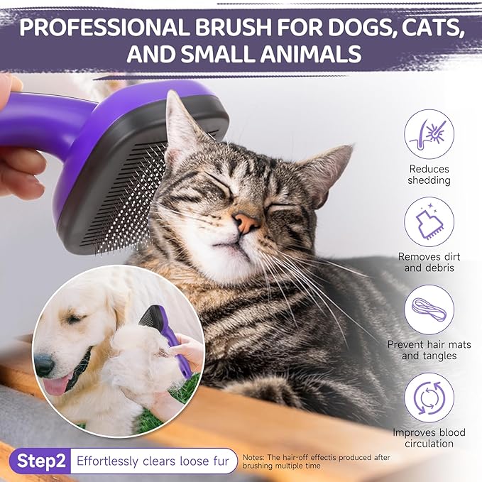 Dog Brush Kit – 3 PCS Grooming Set with Self-Cleaning Brush, Undercoat Rake & Pet Bath Brush. Great for Shedding, Tangles & Dirt Removal – Ideal for Long & Short Haired Dogs & Cats, Purple-PawvioPets