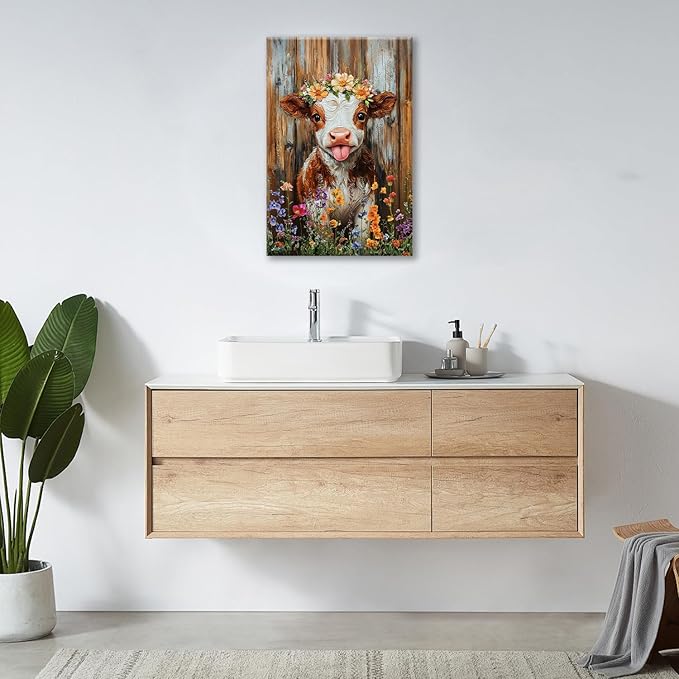 Funny Cow Bathroom Pictures Wall Art, Rustic Brown Cute Cow Bathroom Wall Decor, Farmhouse Floral Framed Painting Animal Flower Canvas Artwork for Bedroom Living Room Decorations 24"L x 16"W-PawvioPets