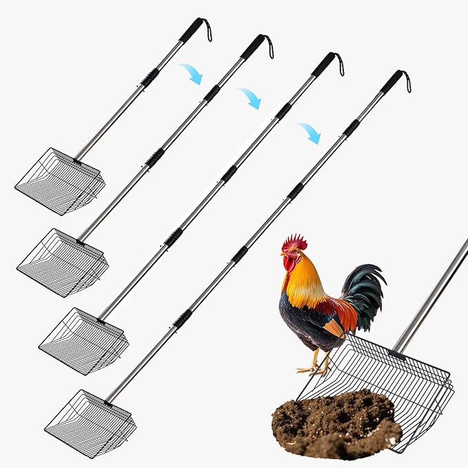 10inch Large Metal Chicken Poop Scooper,32 to 67" Adjustable Long Chicken Coop Litter Scoop,Heavy Duty Sifting Shovel for Chicken Coop & Pet Waste Cleaning-PawvioPets
