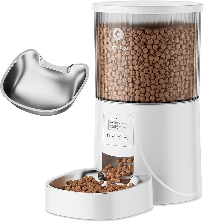 Automatic Cat Feeder: 4L Timed Cats Food Dispenser Programmable 1-6 Meal for Cat and Small Medium Dog- Auto Pet Feeder Dual Power Supply with Stainless Steel& | Detachable Washable White-PawvioPets