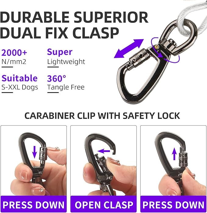 Dog tie Out Cable, 10/20/25/30/50/70/100 feet, Suitable for Dogs up to 350 pounds, Dog Cable with Swivel Buckle, Lightweight, Non-Winding, for Outdoor Camping, Yard Dog Cable (White, 20FT)-PawvioPets