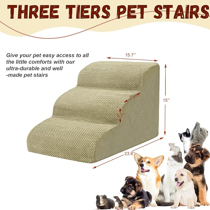 Dog Stairs for Small Dogs - High Density Foam Pet Steps, Extra Wide Dog Ramp with Non-Slip Bottom for High Beds, Couch and Sofa, Best for Dogs Injured, Older Doggy Cats,3 Steps, Camel-PawvioPets