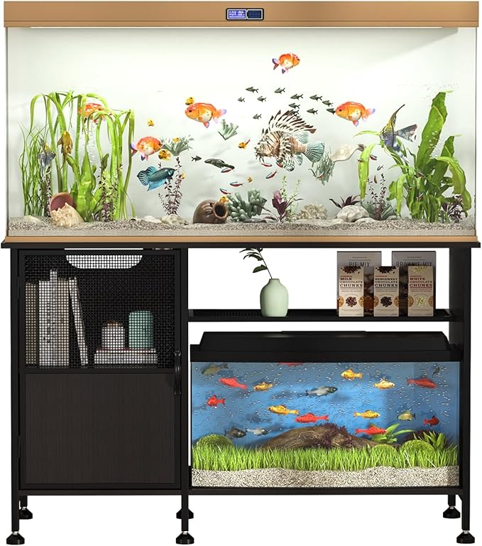 Fish Tank Stand, Modern Aquarium Stand with Built-in Cabinet and Shelves - Sleek Black Iron and Wood Grain Design for Stylish Home Décor（ 51.97" x W 19.69" x H 31.5"） Black-PawvioPets
