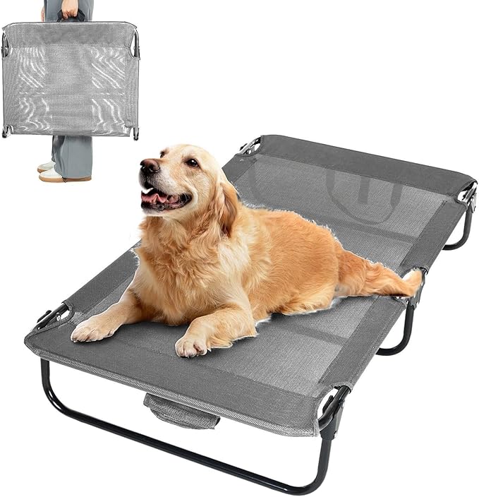 Dog Elevated Bed Foldable Portable Raised Bed Camping cot Outdoor Summer Dog Bed (Large, Grey-Textilene)-PawvioPets