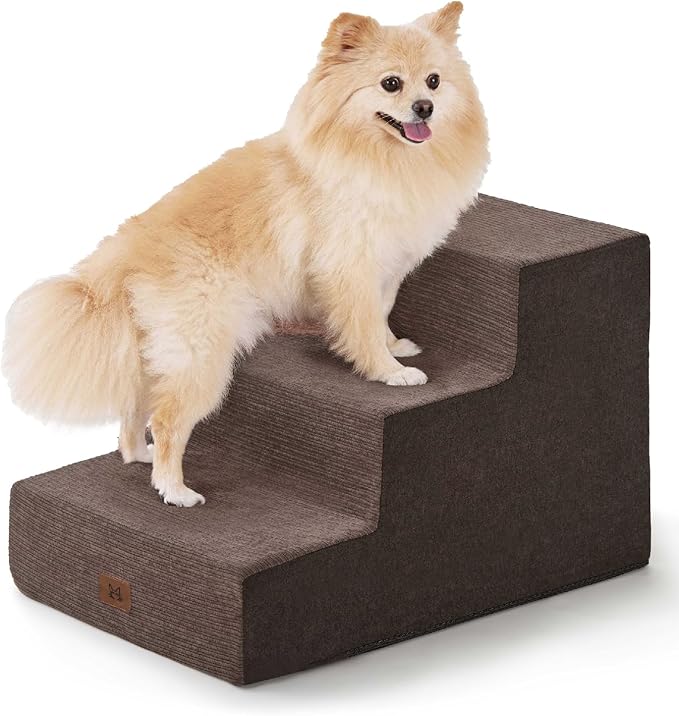 Dog Stairs for Bed, Dog Steps for Bed Couch Sofa, 35D Foam Pet Steps for Small Dogs and Cats, Extra Wide Pet Stairs with Non-Slip Bottom Brown, 3 Steps-PawvioPets