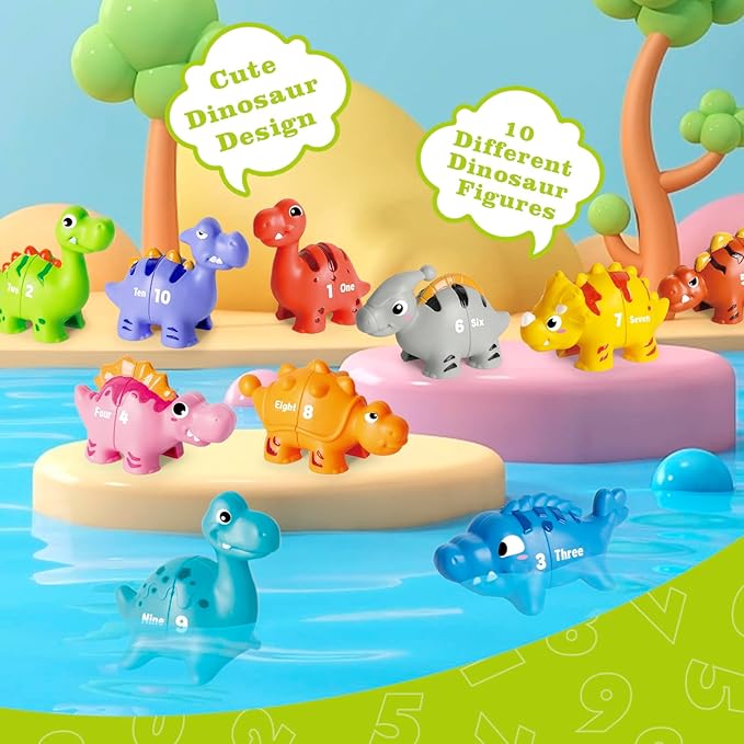20 PCS Dinosaur Number Learning Toys for Toddlers Kids 3-5, 10 Different Dinosaur Figures, Double Sided Number Matching Game, Preschool Activities Montessori Fine Motor Toys for Toddlers Kids-PawvioPets