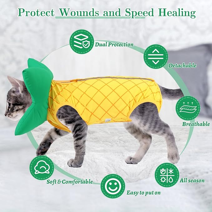 EMUST Cat Recovery Suit and Cat Cone Collar Set, Soft kittens Onesie for Cats After Surgery Female, Cute Kitten Surgery Recovery Suit Female, Cone of Shame Alternative for Kittens Under 4lb, Yellow, S-PawvioPets