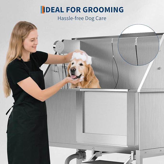 50" Stainless Steel Professional Dog Washing Station - Pet Bathing Tub w/Non-Slip Stairs | Slip-Resistant Floor Grate | for Large/Medium/Small Dogs-PawvioPets