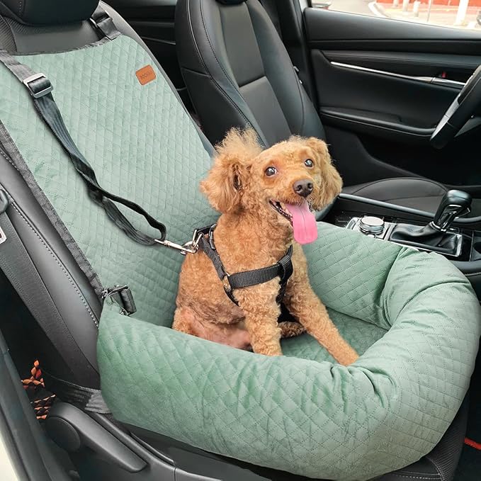 Dog Car Seat for Small Medium Dogs Up to 40lbs, Detachable Washable Soft Pet Booster Travel Bed for Front & Green Seat with Safety Leash Belt-PawvioPets