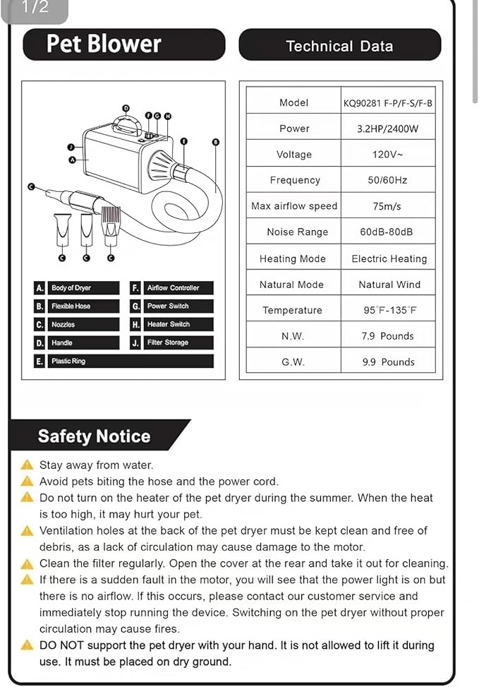 2400w 75m/s Dog Dryer for Pet Grooming, High Velocity Pet Hair Dryer with Heater, Adjustable Speed, 4 Nozzles and a Comb, Black-PawvioPets