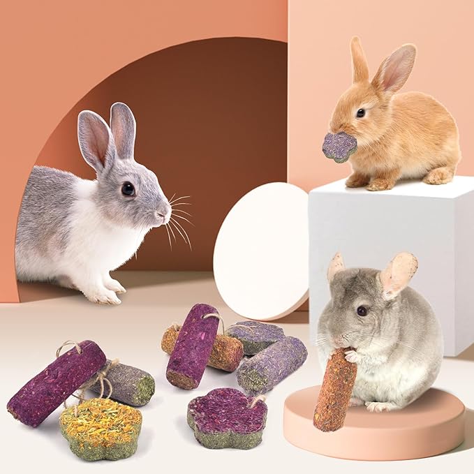 12PCS Rabbit Chew Sticks, Hanging Chew Sticks & Cakes Timothy Hay Rose Chrysanthemum Treat for Bunny Chinchilla Guinea Pig Hamster and Other Small Pets Molar Snack Toy-PawvioPets