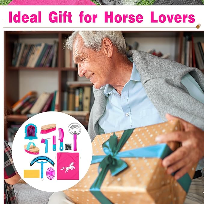 Abbylike 12 Pieces Horse Grooming Kit Racing Festival Tack Room Supplies Horse Brush Sets Equine Care Cleaning Kit Shedding Grooming Massaging Tools(Rose Red)-PawvioPets