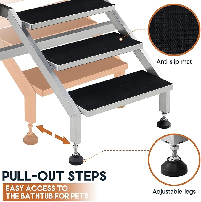 Albott 60 Inch Stainless Steel Dog Washing Station with Anti-Slip Steps, Sprayer, Faucet, Soap Box, Tow Rope – Professional Pet Bathtub for Large Pets, Ideal for Home, Garage, and Grooming(Left)-PawvioPets