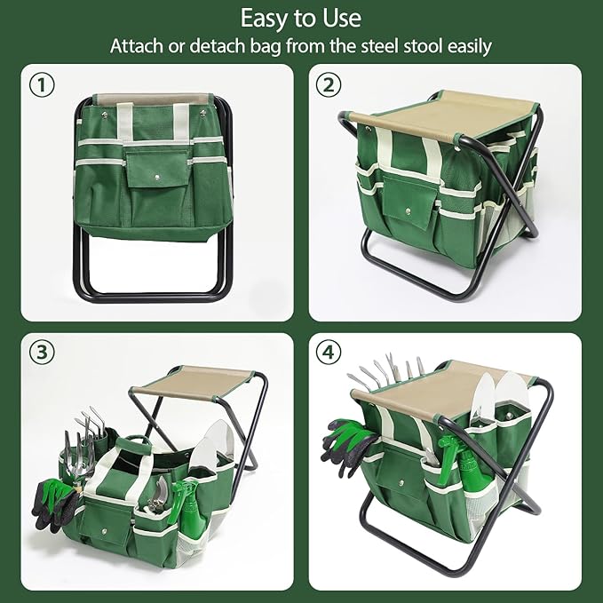 Garden Tool Set, 10 Piece Kit with Heavy Duty Folding Stool, Detachable Storage Tote Bag, Stainless Steel Tools, Gifts for Women Men Green-PawvioPets