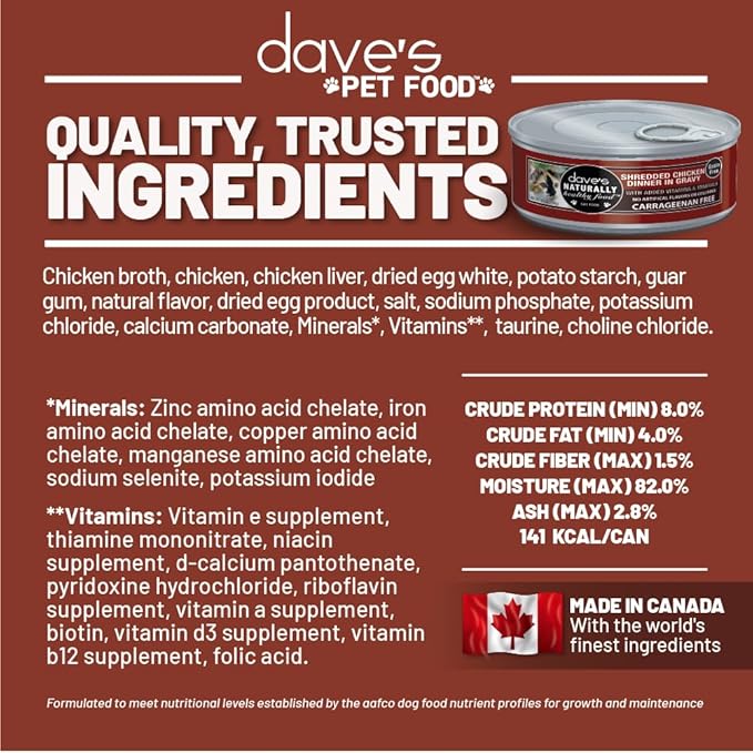 Dave's Pet Food Grain Free Wet Cat Food (Shredded Chicken in Gravy), Made in Canada Naturally Healthy Canned, Added Vitamins & Minerals, Wheat & Gluten-Free, GMO-Free, 5.5oz (24 Pack)-PawvioPets