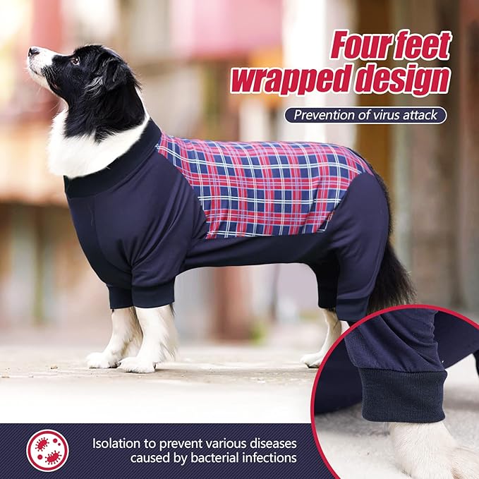 Dog Recovery Suit, Abdominal Wound After Surgery Wear, Anti Licking Bodysuit with Zipper, E-Collar & Cone Alternatives, Plaid Dog Spay Surgical Onesie Prevent Shedding(3XL, Red)-PawvioPets