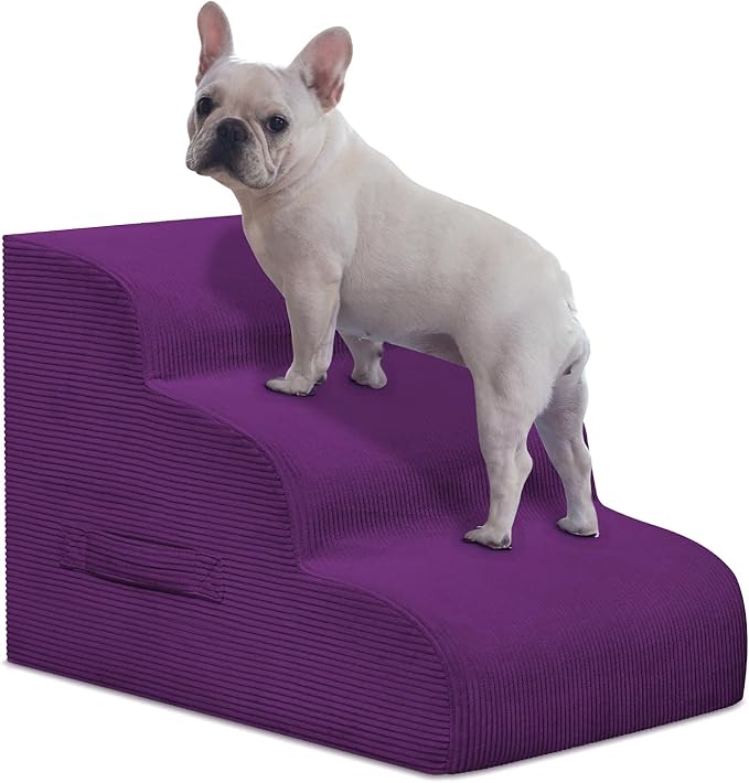 Dog Steps for Small Dogs, 3-Step Dog Ramp and Stairs for High Beds and Sofa, Non-Slip Pet Stairs Removable and Easy to Clean Cover, Purple-PawvioPets