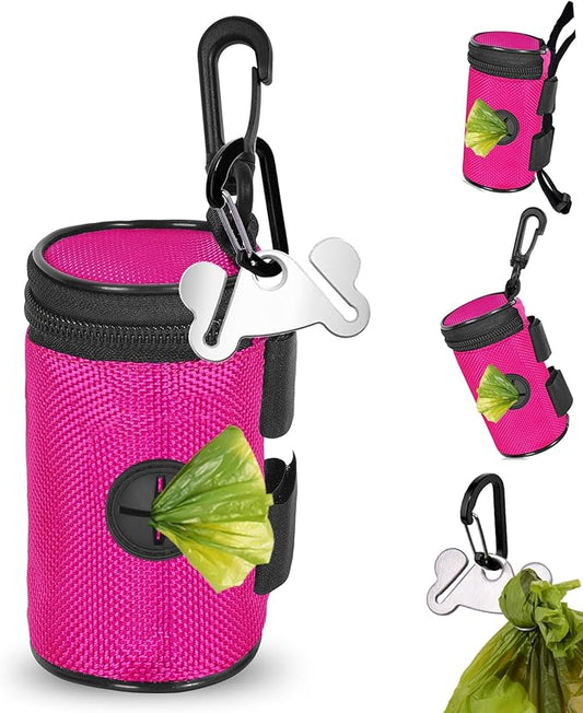 Dog Poop Bag Holder for Leash Attachment - Waste Bag Dispenser for Leash - Fits Any Dog Leash - Portable Set with Hand Free Holder Metal Carrier, Round Shape, Pink-PawvioPets
