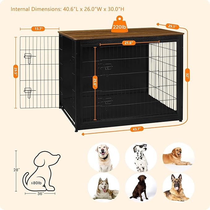 DWANTON Dog Crate Furniture with Cushion, Wooden Kennel Table with Double Doors, Indoor Dog House, Extra Large Size, 43.3" L, Black+Warm Brown-PawvioPets