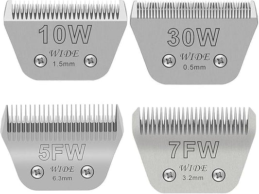 4PCS Wide Blades for Dog Grooming Blades Compatible with Andis,Oster A5,Wahl km10 Dog Clippers Stainless Steel Blades for Animal Dog,Cat,Horse,Silver,Size #10W+30W+5FW+7FW-PawvioPets
