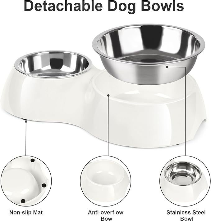 Elevated Dog Bowls Set - Non-Slip Raised Pet Feeder with Medium (10 oz) & Large (20 oz) Stainless Steel Bowls - Includes Durable Resin Stand for Puppies, Adult Dogs & Cats - White-PawvioPets