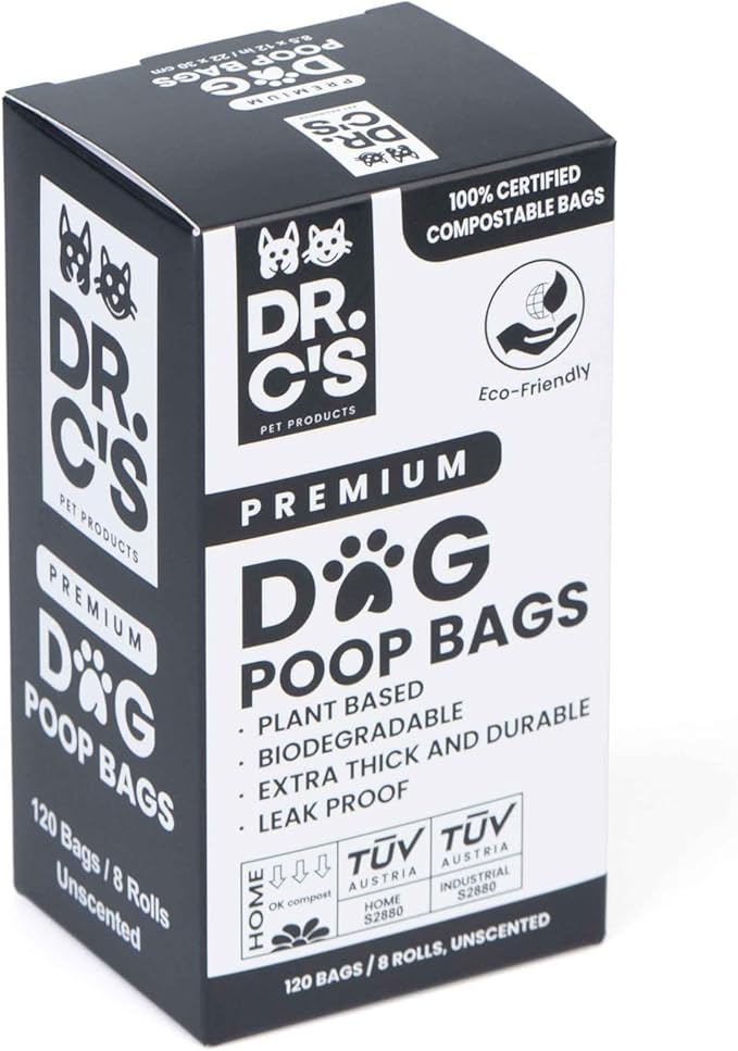 100% Certified Compostable Dog Poop Bags - Dr. C's Premium Dog Poop Bags - 120 Bags / 8 Rolls, Extra thick, Leak Proof, Unscented, Plant Based and Earth Friendly-PawvioPets