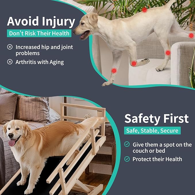 Dog Ramp, 5 Level Adjustable Height Folding Pet Ramp for High Bed, Portable Paw Ramps Large Bed Ramp for Medium & Large Old Dogs & Cats - Natural Wood Furniture Quality-PawvioPets