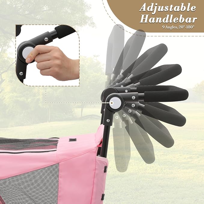 Athena Collection 3 Wheels Pet Stroller Fabric Dog Cart Dog Stroller for Large Dogs 55 Lbs Pet Stroller with Mesh Windows, Zipper Back Pocket, Safety Tether, Angle Adjustable Handlebar, Pink-PawvioPets