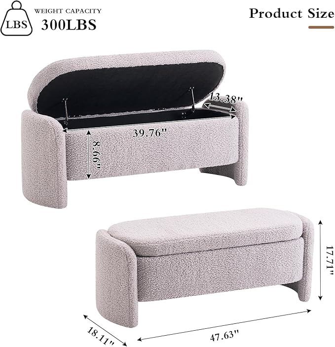48 Inch Lamb Fleece Oval Storage Bench Upholstered Ottoman Bench with Storage, Bedroom Bench with Large Storage Space, for Bedroom Living Room Entryway, Grey-PawvioPets