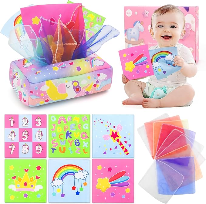 Baby Toys 6 to 12 Months - Tissue Box Toy, Tissue Learning Toys with Alphabet Number Color Sound, Baby Sensory Toy Gifts for 6 9 12 18 Months Old-PawvioPets