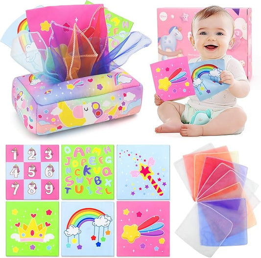 Baby Toys 6 to 12 Months - Tissue Box Toy, Tissue Learning Toys with Alphabet Number Color Sound, Baby Sensory Toy Gifts for 6 9 12 18 Months Old-PawvioPets