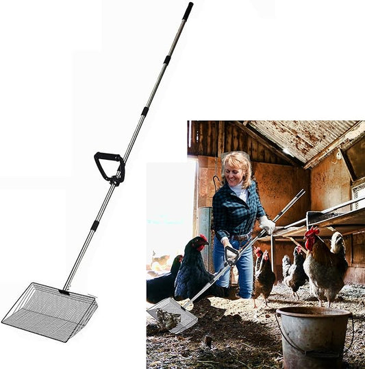 15 Inch Large Chicken coop Scoop with Ergonomic Grip Adjustable Long Handle (24-64") Chicken Poop Scooper Sifting Shovel rake Stainless Steel Metal coop Scoop (L/15 INCH)-PawvioPets