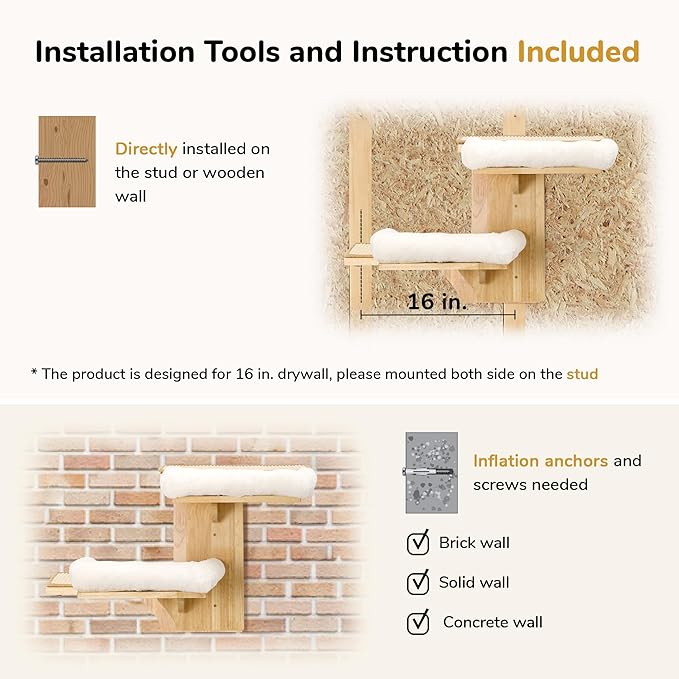 FUKUMARU Cat Wall Shelves, 2 Platform Cats Walls Furniture, Tree Shape Kitten Floating Shelf with Soft Cushion Perch, Solid Rubber Wood for 16 Inch Drywall, Suitable for Climb, Play, Nap-PawvioPets