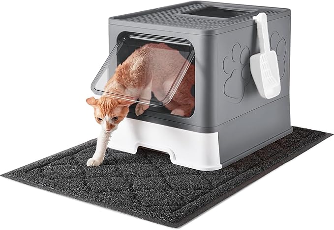 Cat Litter Box with X-Large Litter Mat and Scoop, Large Foldable Litter Box with Lid, Enclosed Kitty Box,Front Top Entry Exit, Odor Control Easy to Clean (Upgrade Dark Grey)-PawvioPets