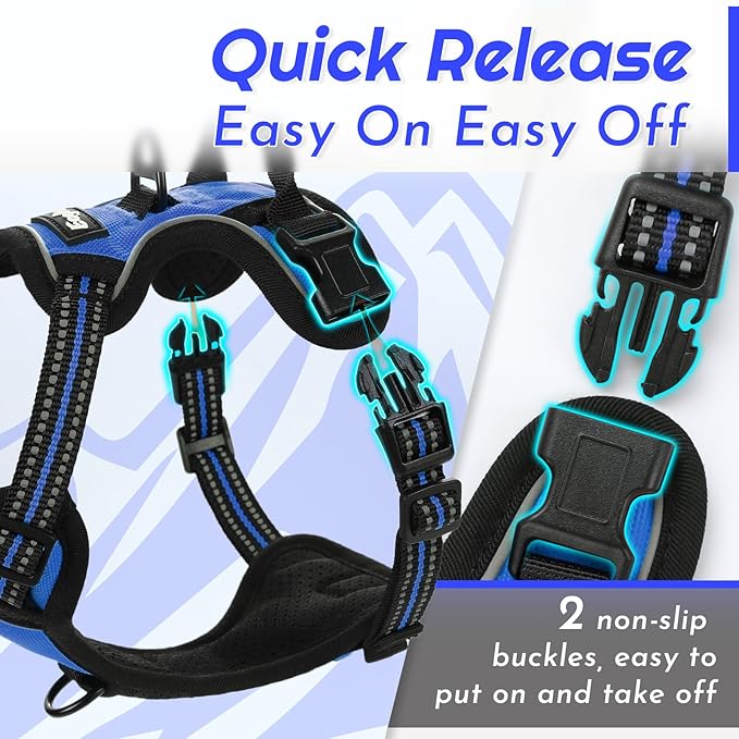 Eagloo Small Dog Harness No Pull, Service Vest with Reflective Strips and Control Handle, Adjustable and Comfortable for Easy Walking, No Choke Pet Harness with 2 Metal Rings, Blue, XS-PawvioPets