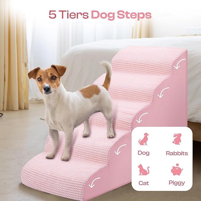 Curved Dog Stairs for High Bed Up to 26", 5-Step Dog Ramp for Small Dogs with Washable Cover, Non-Slip Steps for Cats to Get on Couch and Sofa, Durable Foam Ladder for Medium Breeds, White Pink-PawvioPets