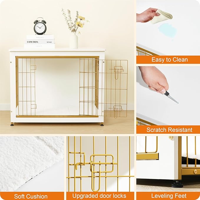 DWANTON Dog Crate Furniture with Cushion, Wooden Kennel Table with Double Doors, Indoor Dog House, Medium Size, 32.5" L, White-PawvioPets