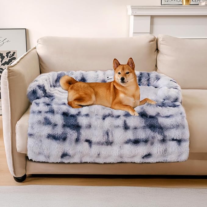 FUNNY FUZZY Pet Fluffy Fuzzy Couch Cover, Calming Washable Dog Bed Sofa Protector Pets Mat for Small Medium Dogs and Cats (Tie-dye Blue,33.45 × 28.35 × 5.51 in)-PawvioPets