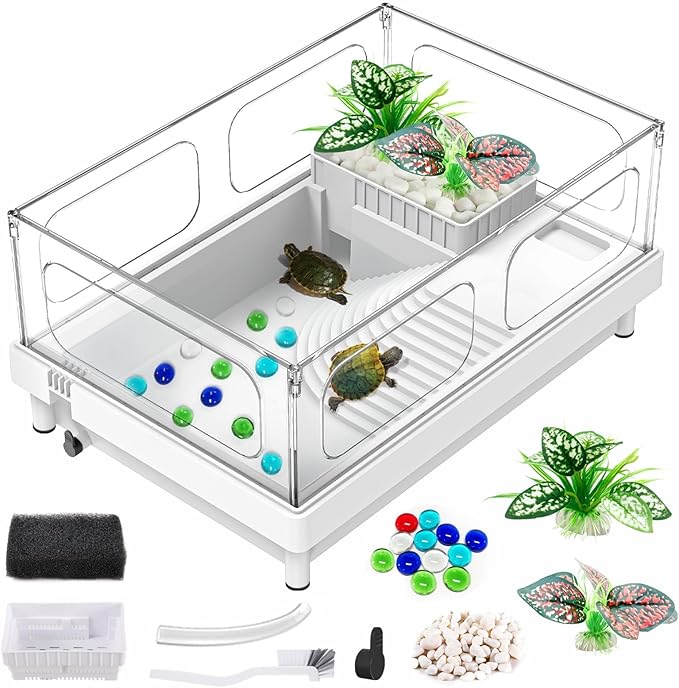 GOZILLA Small Turtle Tank, Acrylic Turtle Tank Starter Kit, Reptile Habitat and Terrarium with Multi-Functional Areas for Tortoise, Crab, Crayfish, Small Reptile.(Black Tank)-PawvioPets