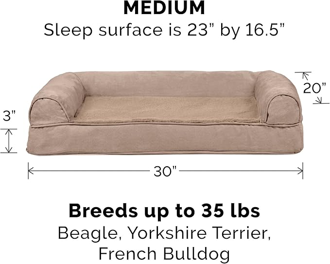 FurHaven Orthopedic Foam Sofa Dog Bed with Washable & Removable Cover - Plush/Suede - Almondine, Dogs Up to 35 lbs - Medium-PawvioPets