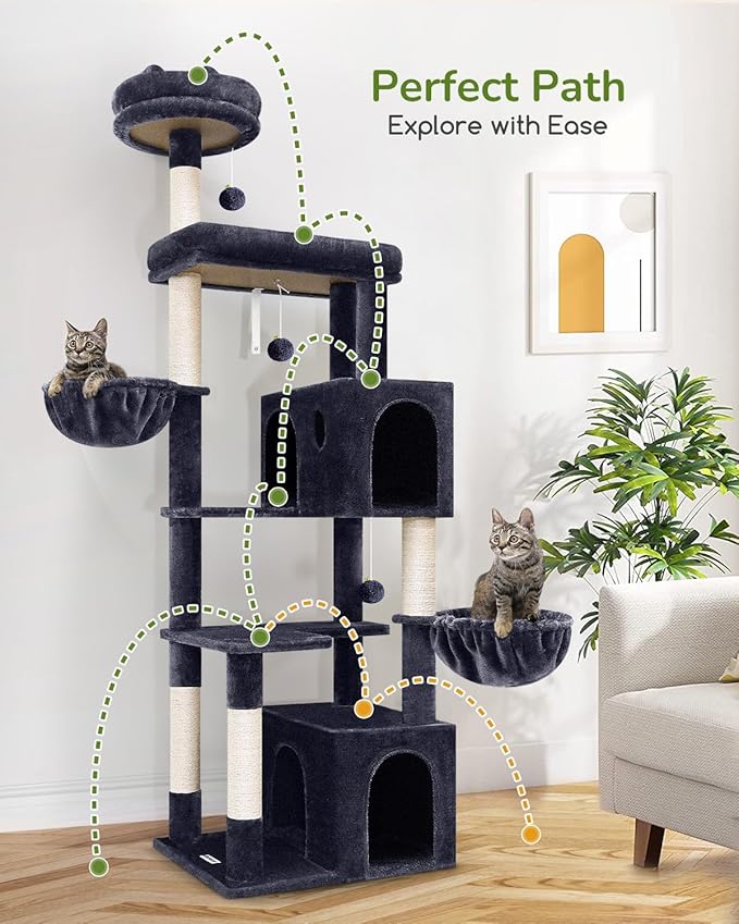 Globlazer Heavy Duty Cat Tree Tower, 73in Tall Cat Tree for Indoor Cats Large Adult, Cat Condo for Large Cats with 5 Scratching Posts, 2 Cat Caves, 2 Padded Perches, 2 Hanging Baskets, F73, Dark Gray-PawvioPets