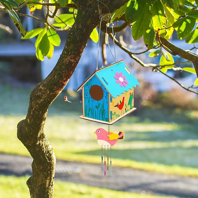 Fennoral 12 Pack Bird House Craft Kit for Kids Make You Own Bird Wind Chime Kit DIY Build and Paint Wooden Birdhouses Bird Feeder Art and Craft for Spring Yard Garden Outdoor Decoration-PawvioPets