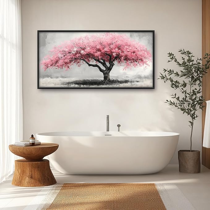 Extra Large Framed Pink Tree Wall Art,Abstract Tree of Life Wall Decor,Pink and Grey Pictures for Living Room,Canvas Print Painting Modern Artwork Bedroom Office Bathroom Home Decor 60L x30W-PawvioPets