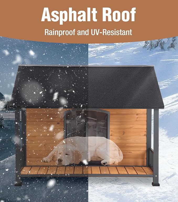 Extra Large Dog House Outdoor for Large Dogs, Insulated Dog House with Metal Frame, Waterproof Dog Shelter with Asphalt Roof, PVC Curtain & Multifunctional Patio, Indoor Outdoor Use-PawvioPets